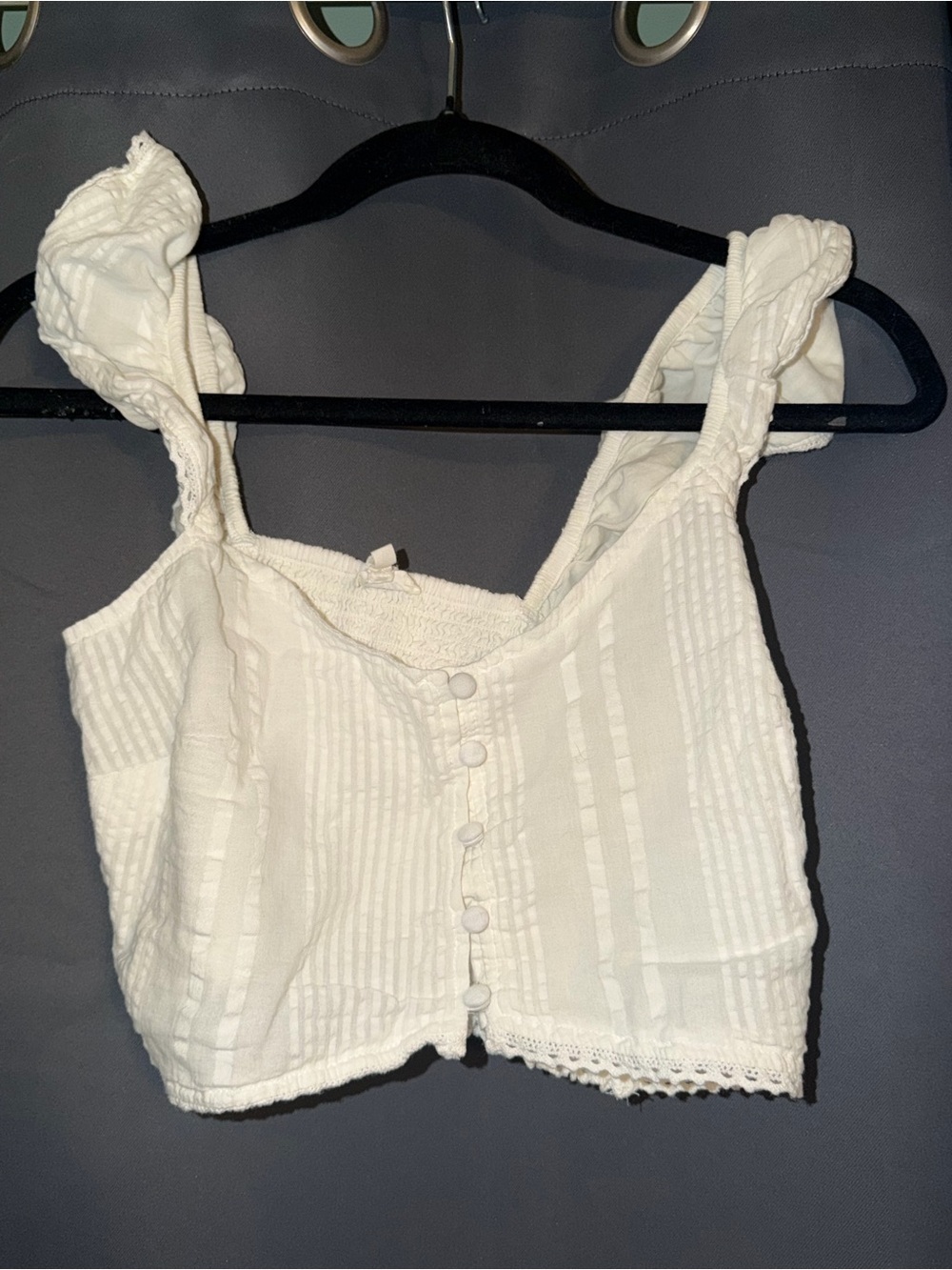 aerie White Textured Button-Front Crop Top with Lace Trim